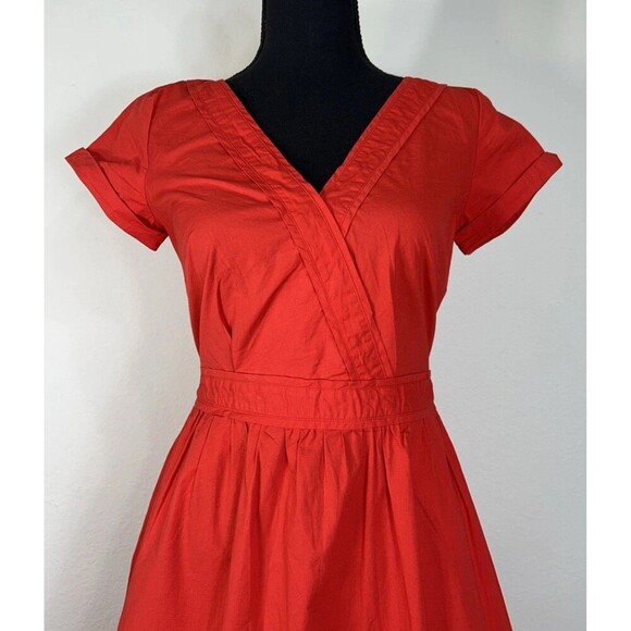 J. Crew Short Sleeve Cotton Poplin Red Orange Midi Dress Size 00 - Picture 11 of 14